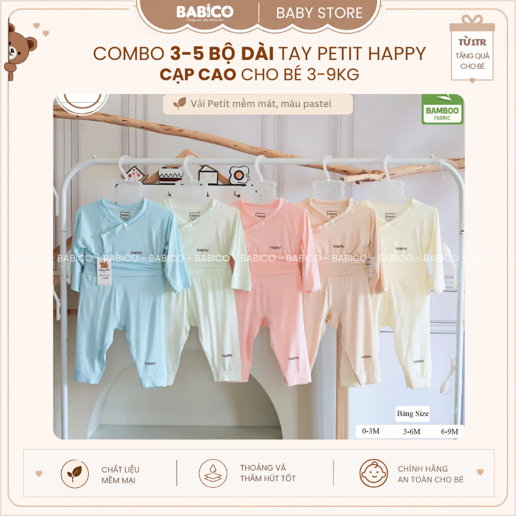 Combo 3-5 Bộ Quần Áo Sơ Sinh Dài Tay Happy Cạp Cao Màu Chất Vải Petit Bamboo Mềm Mát Cho Bé 3-9Kg đang được đối chiếu cho người mua tại Việt Nam