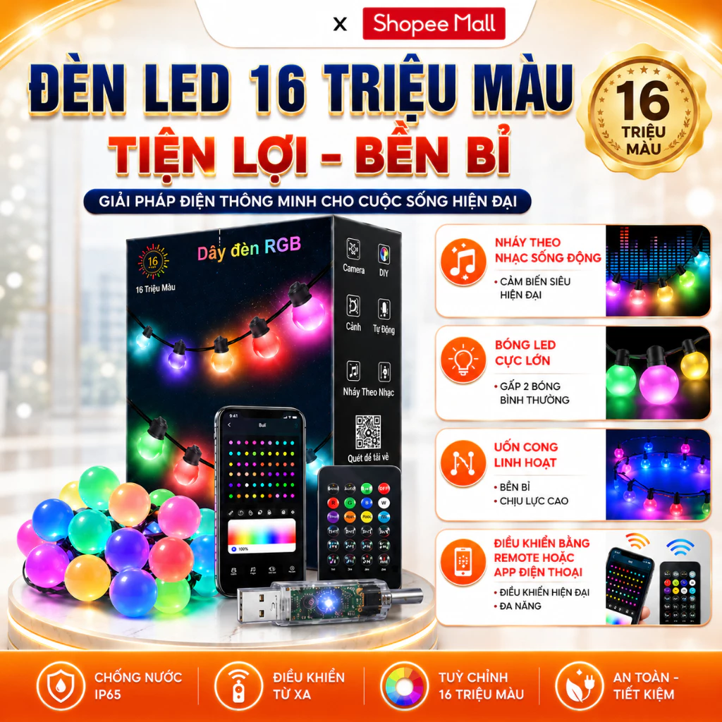 Đèn LED Dây Thông Minh LUCKILIGHT 16 Triệu Màu, Đèn Nháy Theo Nhạc, Có App/Remote, Trang Trí Noel/Phòng Ngủ/Tiệc