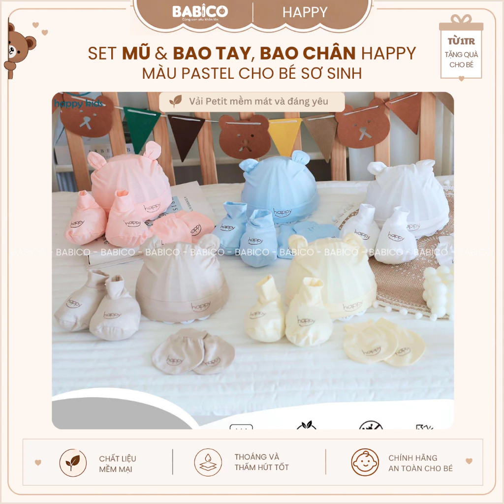 Set Mũ Kèm Bao Tay Bao Chân Happy Vải Thun Lạnh Mềm Mại, An Toàn Cho Bé  Cho Bé 0-3 Tháng (HAPPY)