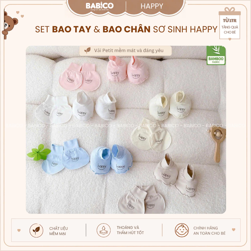 Set Bao Tay Bao Chân Happy Vải Thun Lạnh Mềm Mại Cho Bé Cho Bé 0-3 Tháng (HAPPY)