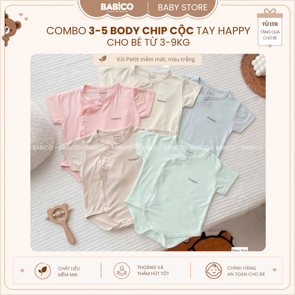 Combo 3 Bộ Body Chip Cộc Tay Sơ Sinh Happy  Chất Vải Petit Bamboo Thấm Hút, Co Giãn Tốt Cho Bé 3-9Kg
