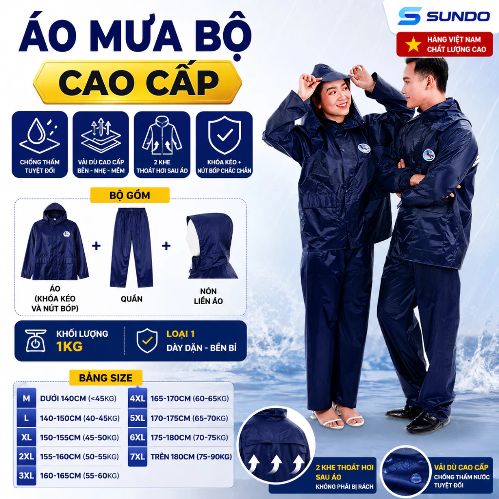 Áo Mưa Bộ Vải Dù Có Phản Quang, Siêu Bền Không Thấm Nước, Đủ Size Từ M Đến 7XL Hàng Sundo