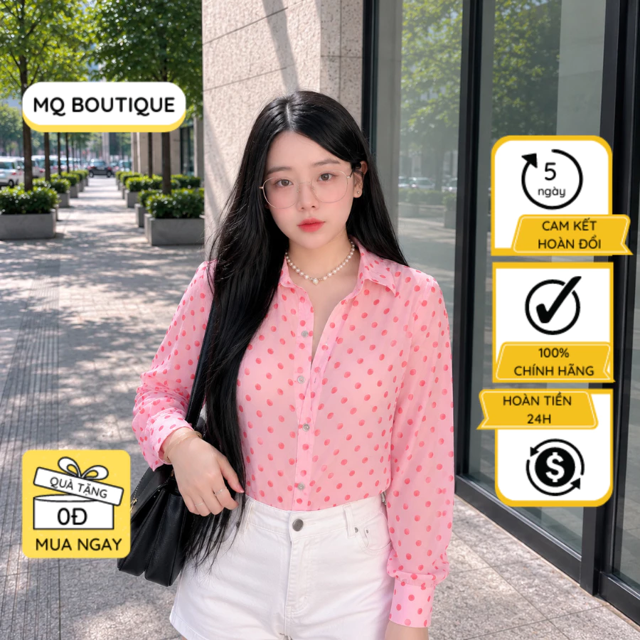 Áo Tơ Sơ Mi Nữ Họa Tiết Chấm Bi Hồng Công Sở Thiết Kế MQ Boutique Trang Nhã Dáng Cơ Bản Vải Không Nhăn
