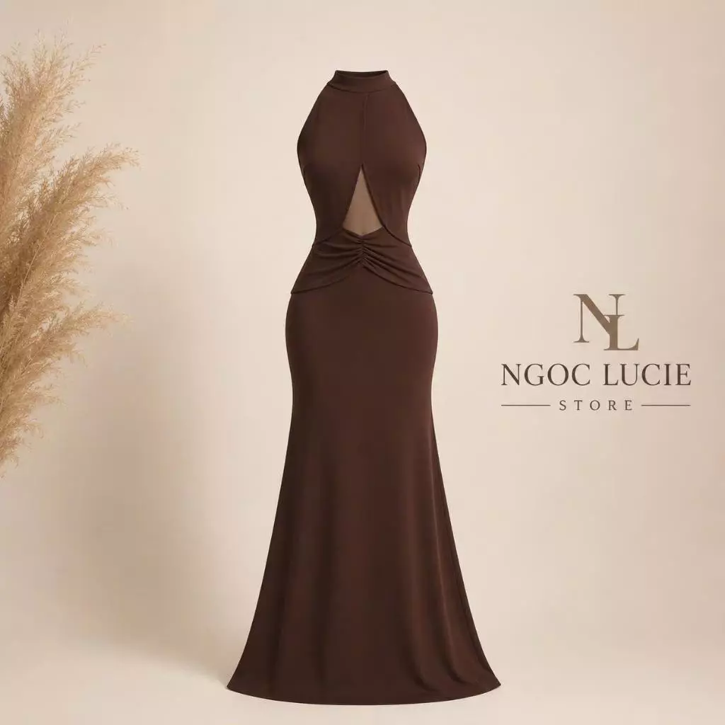 D1105 - Đầm Cổ Yếm Cao Khoét Eo Lưới Hình Thoi Nhún Eo Dáng Đuôi Cá Gợi Cảm Ngọc Lucie