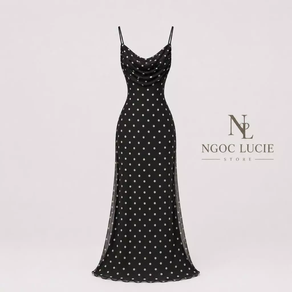D1107 - Đầm Hai Dây Cổ Đổ Họa Tiết Chấm Bi Hoa Nhí Dáng Maxi Ôm Nữ Tính Ngọc Lucie