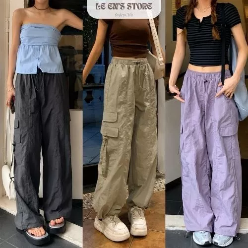 Quần vải dù gió nữ ống rộng cạp dây rút eo túi hộp, quần suông ống đứng phong cách hàn quốc vải mát