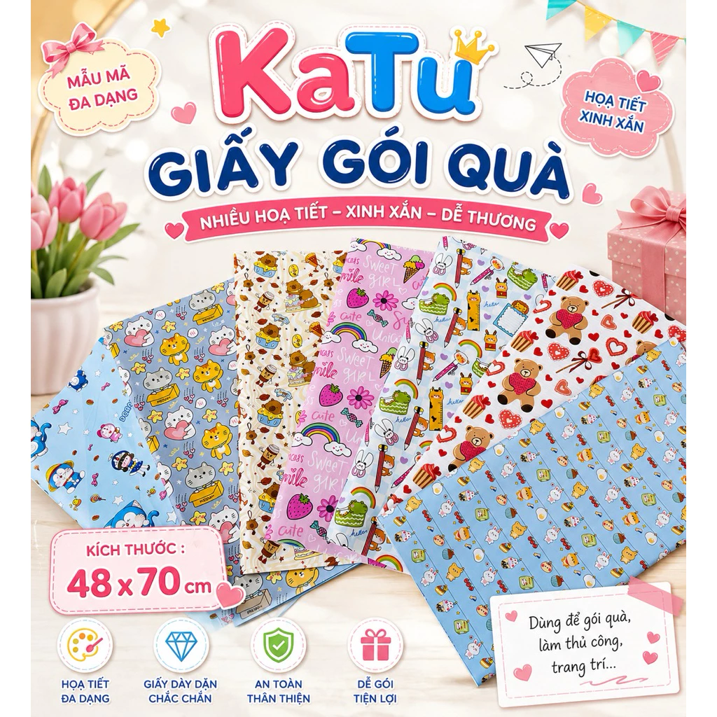 set 100 tờ giấy gói quà ngộ nghĩnh giá siêu rẻ (khổ to 50x70cm)