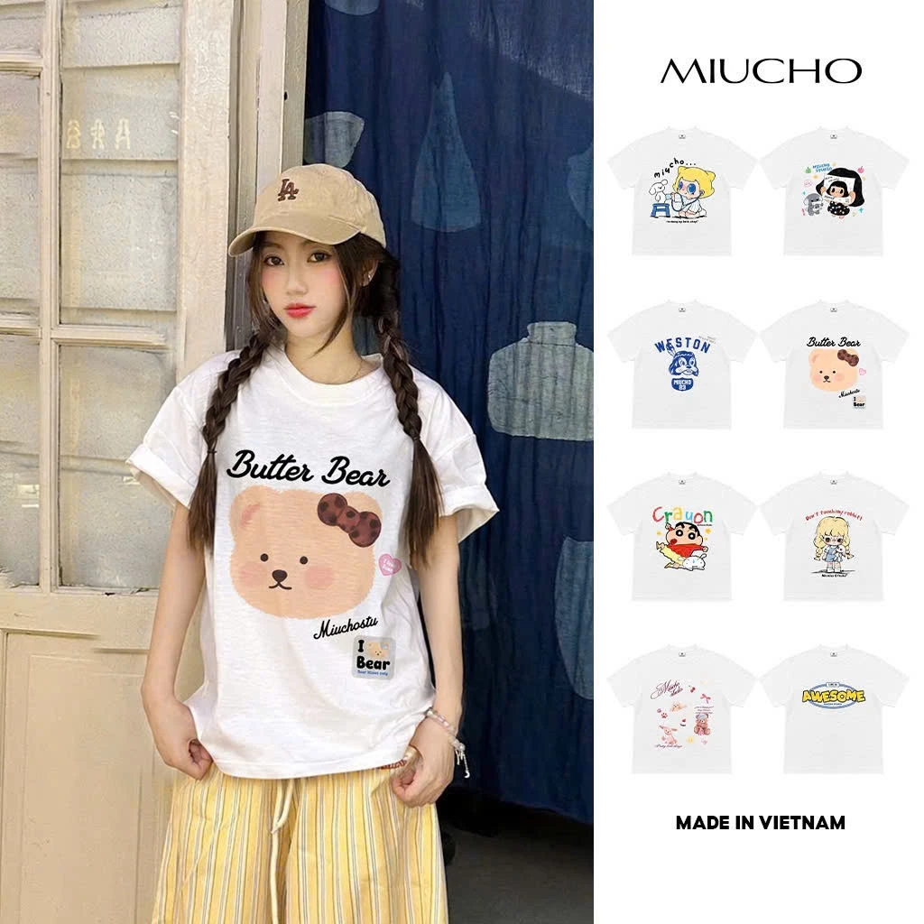 Áo thun boxy chất vải xước thoáng mát BST hoạt hình phối chữ Miucho