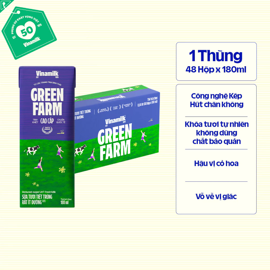 [AFF] Thùng 48 Hộp Sữa Tươi Tiệt Trùng Vinamilk Green Farm Rất ít đường  180ml
