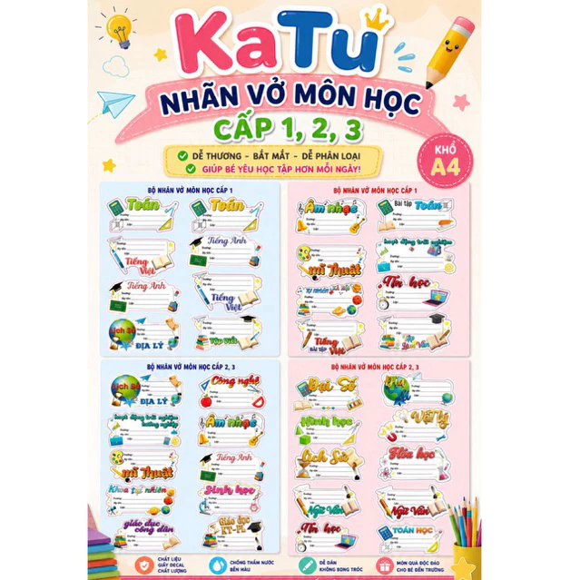 Tập 40 nhãn vở- Nhãn vở môn học decan bóc dính ngay cấp 1,2,3