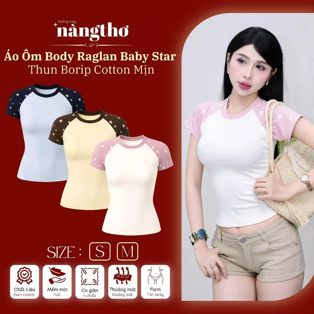 232 [HÀNG MỚI VỀ]Áo Cổ Tròn Ôm Body Raglan Baby Star Thun Borip Cotton Mịn
