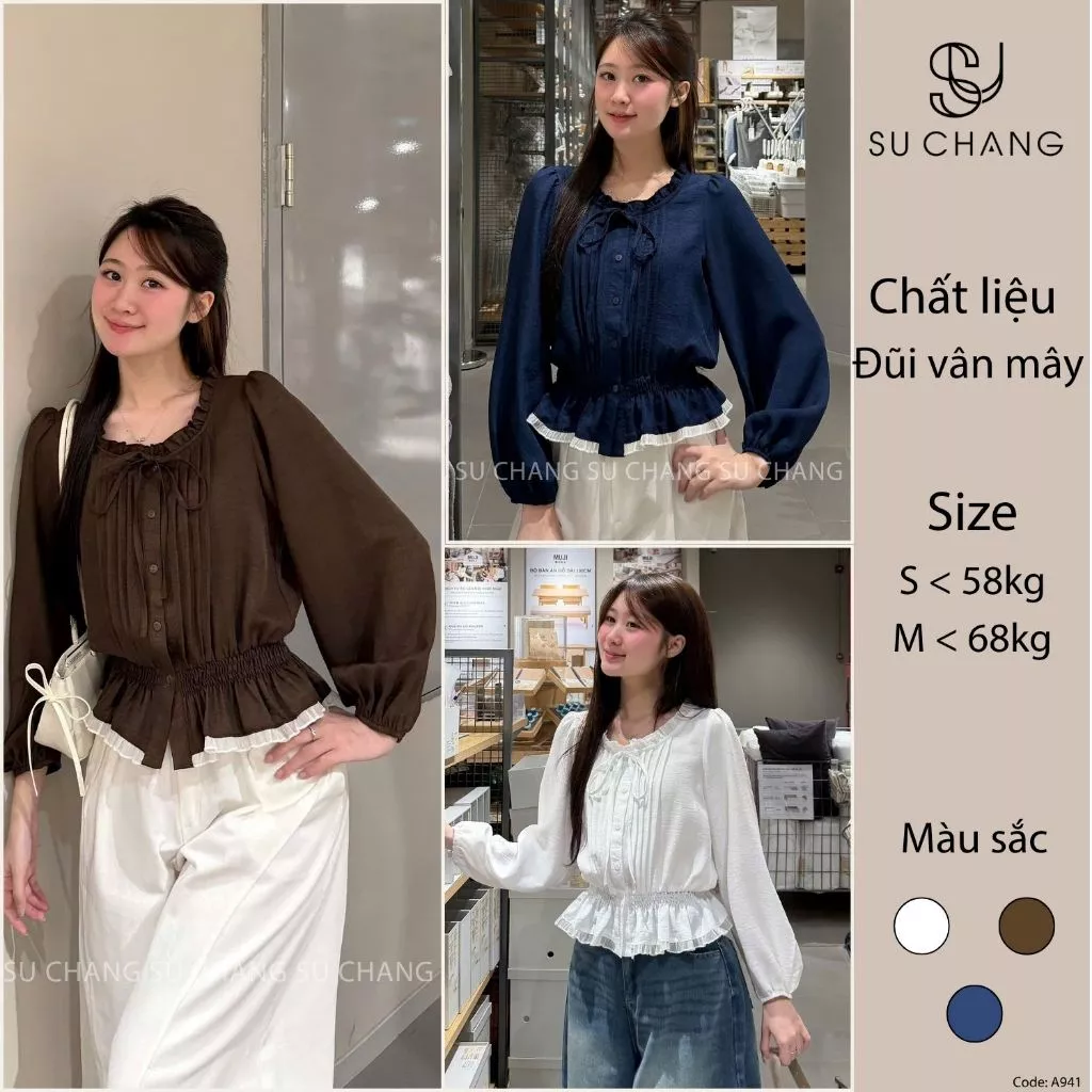 Áo Sơmi Cổ Bèo Xếp Ly Phối Voan Chun Eo Dài Tay A941 Su Chang Thời Trang Nữ