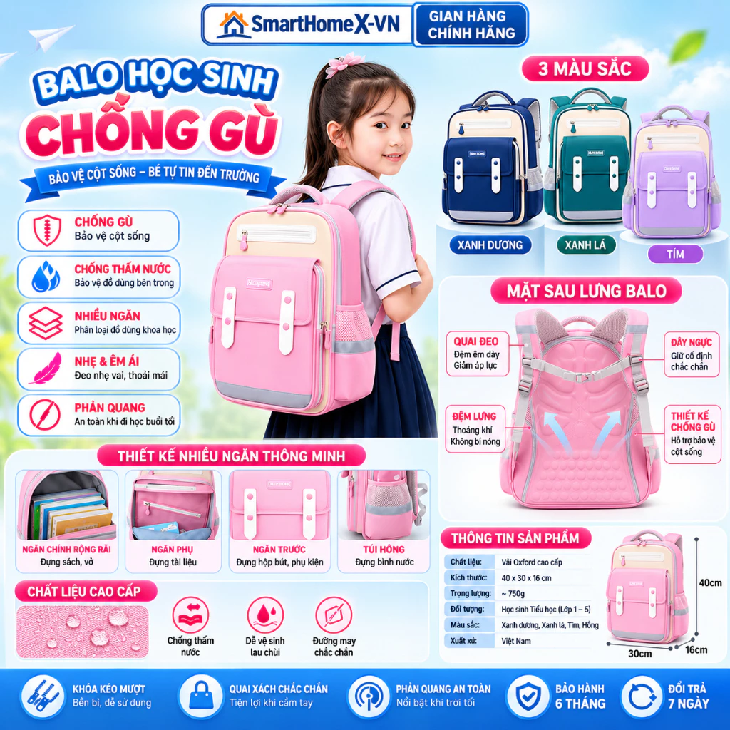 BALO HỌC SINH CHỐNG GÙ CAO CẤP – SIÊU NHẸ – CHỐNG THẤM NƯỚC – PHẢN QUANG AN TOÀN