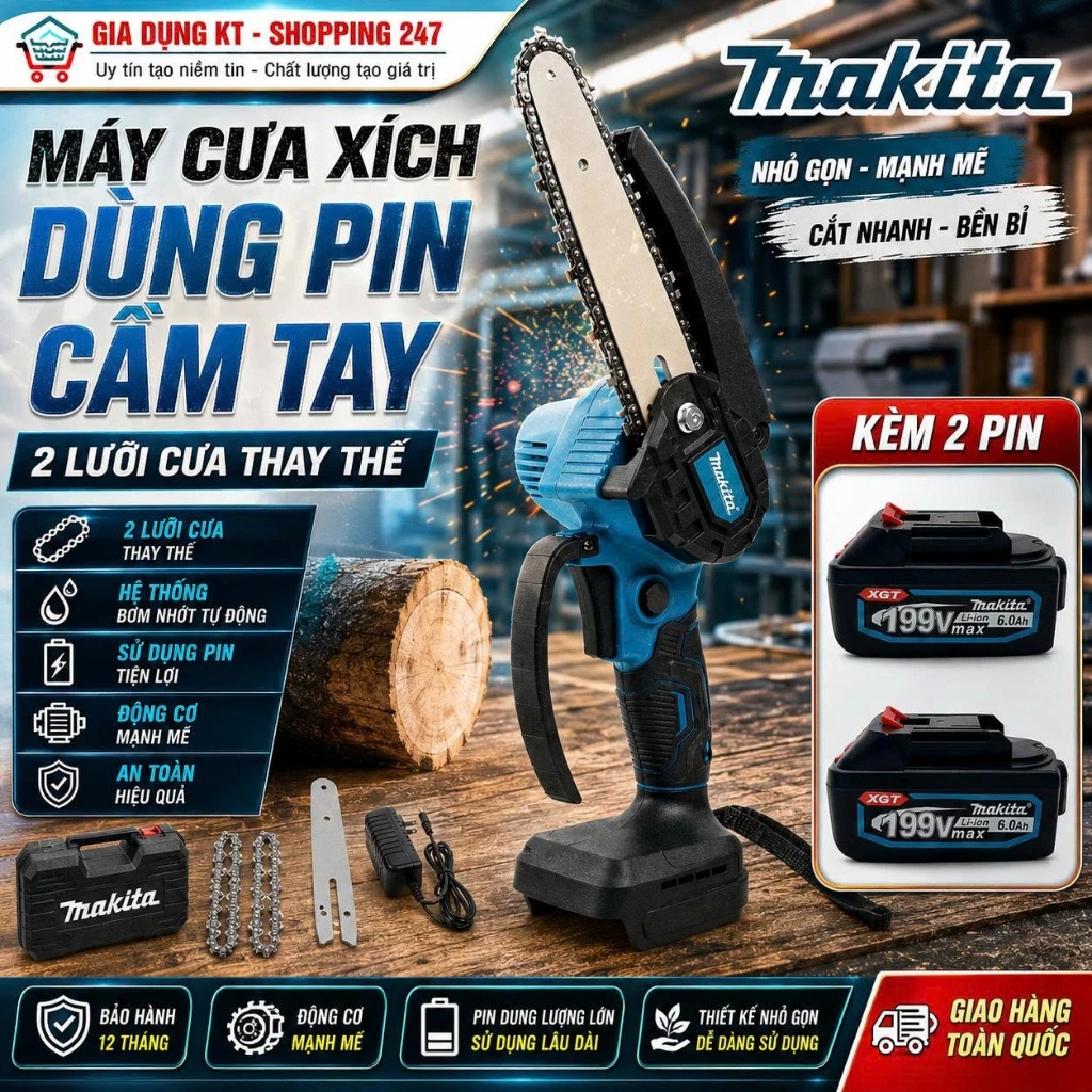 Máy Cưa Xích Cầm Tay Dùng Pin MAKITA, Máy Cưa Xích Không Dây Cưa Cây Gỗ Cực Nhanh, Hoạt Động Mạnh Mẽ, Bền Bỉ