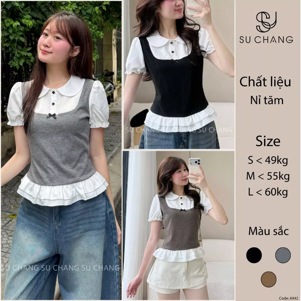 Áo Cổ Sen Cúc Dọc Phối Nỉ Tăm Tay Bo A942 Su Chang Thời Trang Nữ