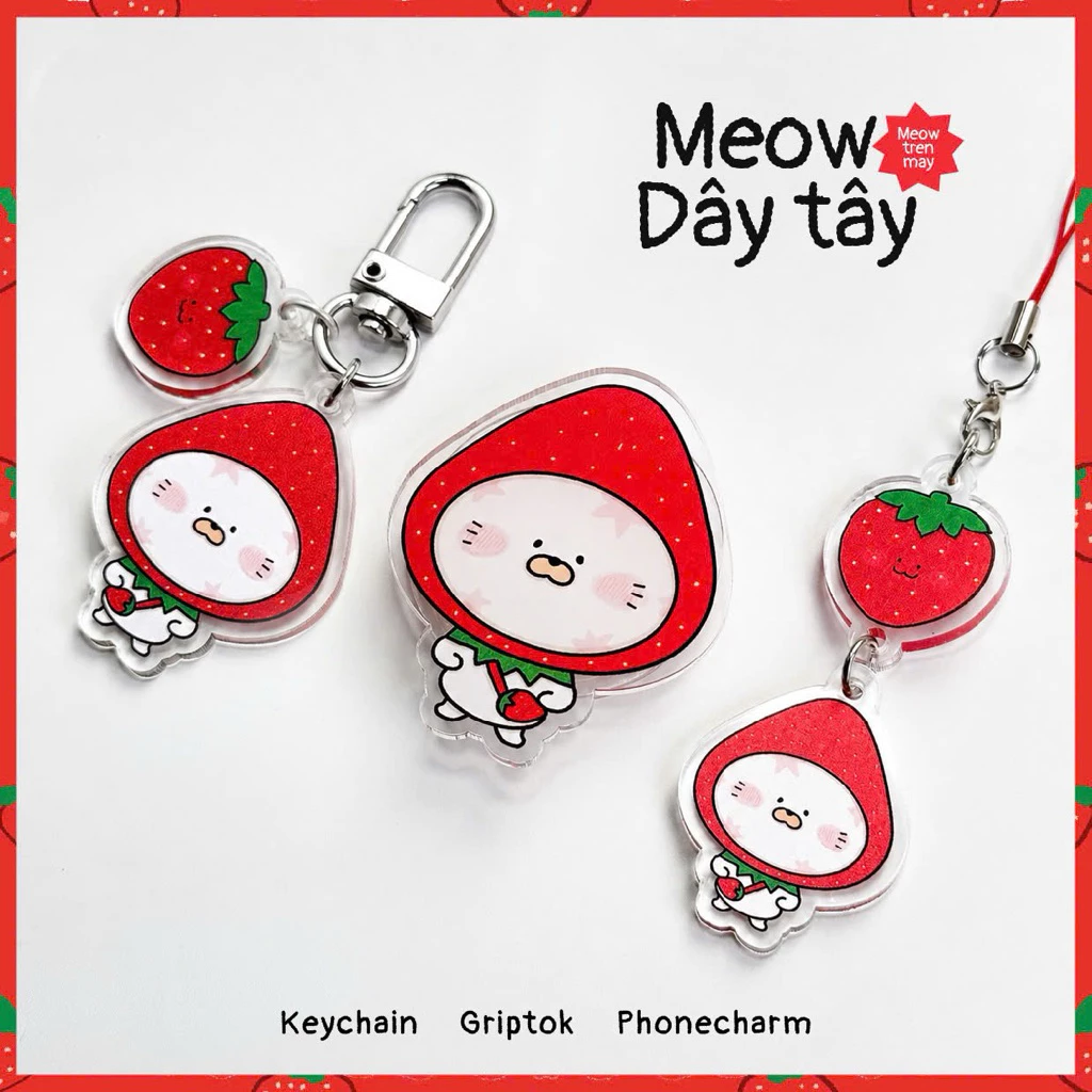 Móc Khóa Mèo Dâu Tây Cute – Popsocket Keychain Phonecharm – Quà Nhỏ Xinh – Meowtrenmay