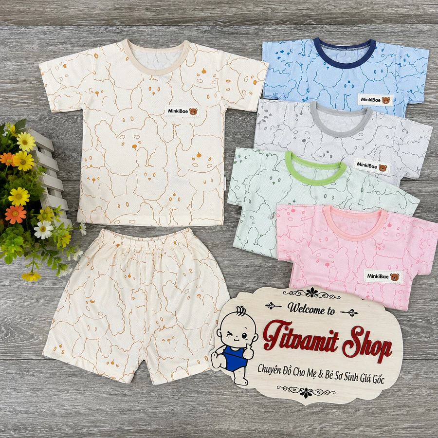 Bộ cộc MinkiBae thông hơi thun lạnh cài vai in hình cho bé