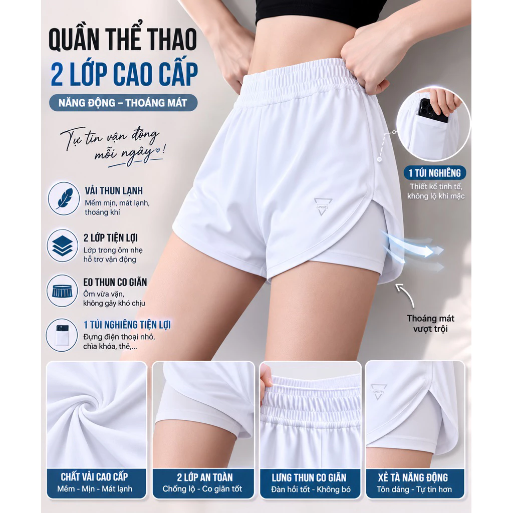Quần Đùi Thể Thao Gym-Yoga ( mẫu 2 lớp) có size từ 38-78kg