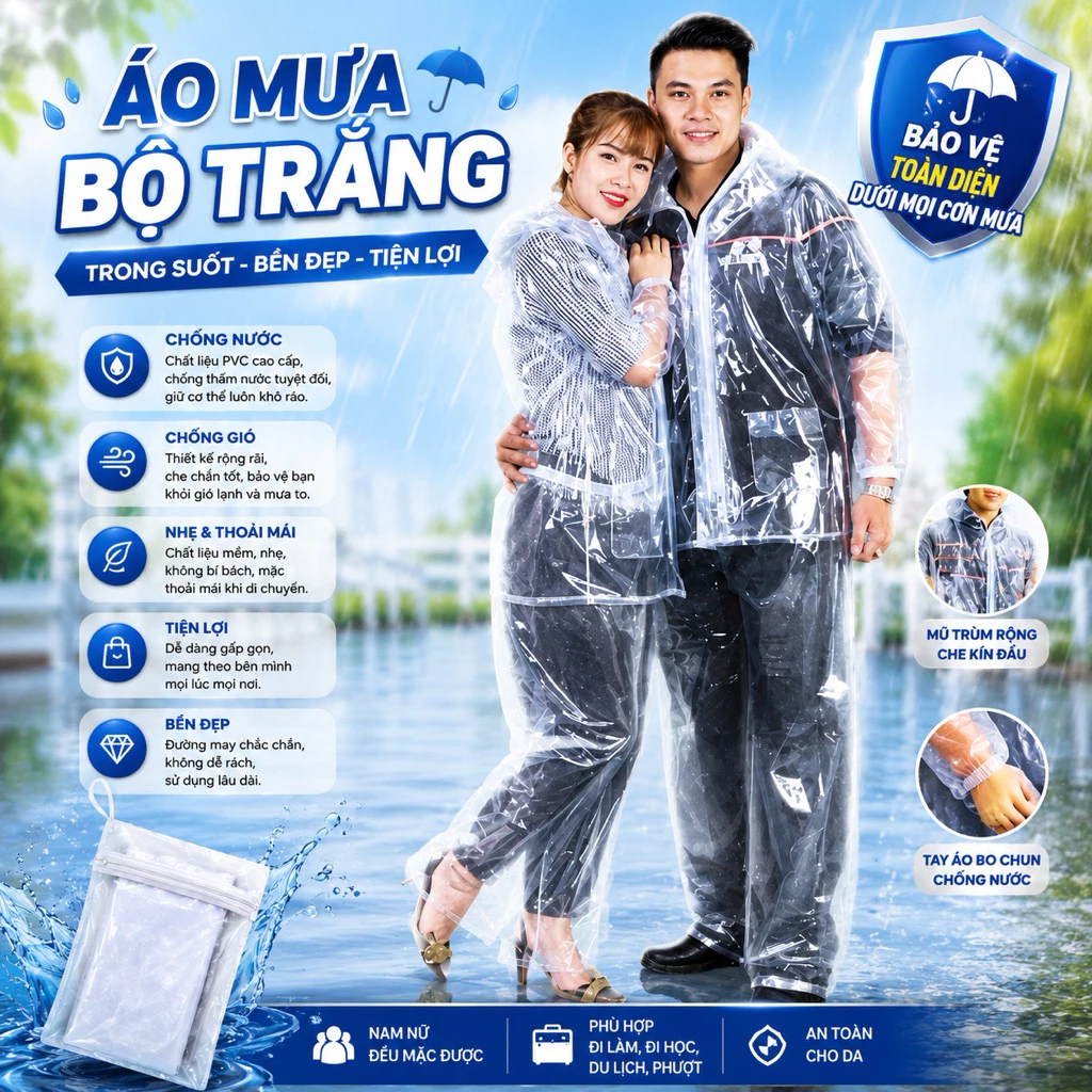 Áo mưa Bộ trong suốt.Loại to dài ko thấm nước.Siêu rẻ siêu bền