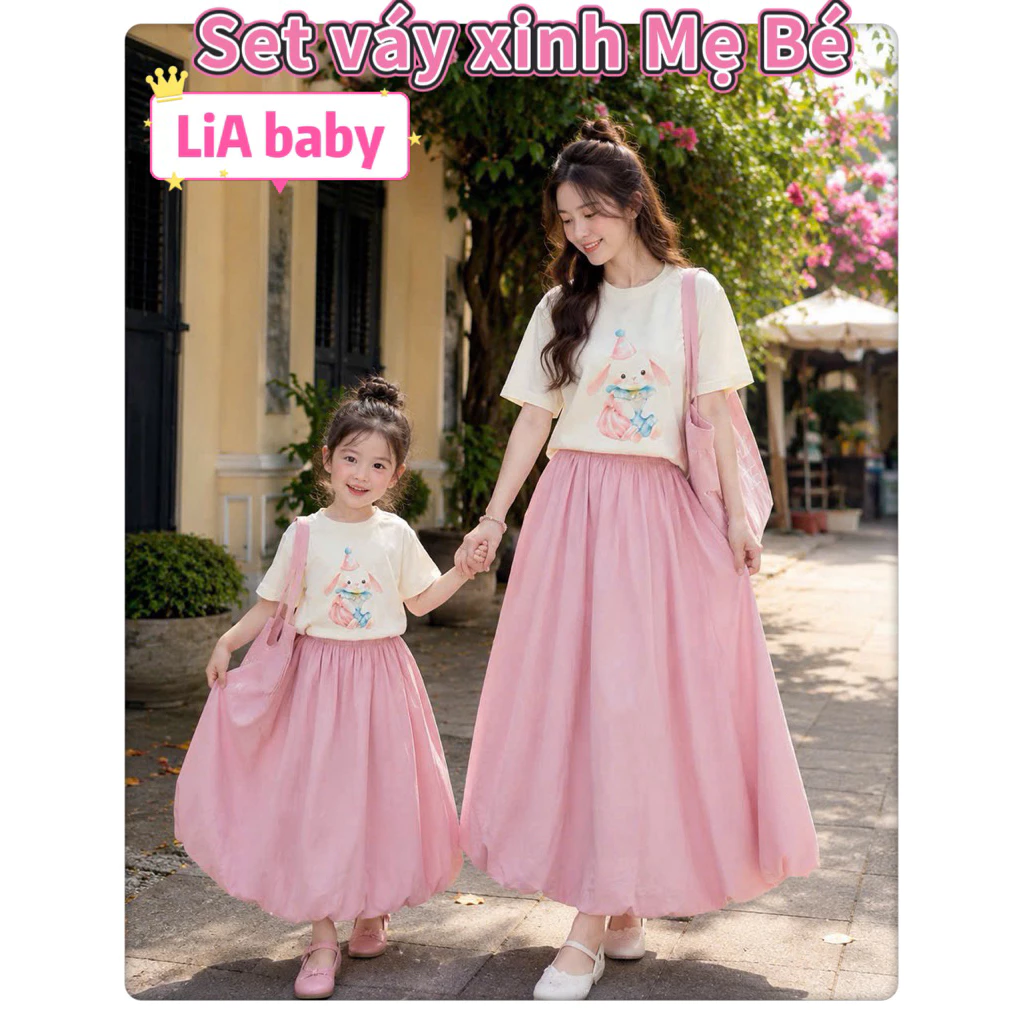 [Kèm Túi] H2 Set áo thun cotton in thỏ 3D kèm cv bí dài siêu xinh cho mẹ và bé đi chơi ,du lịch