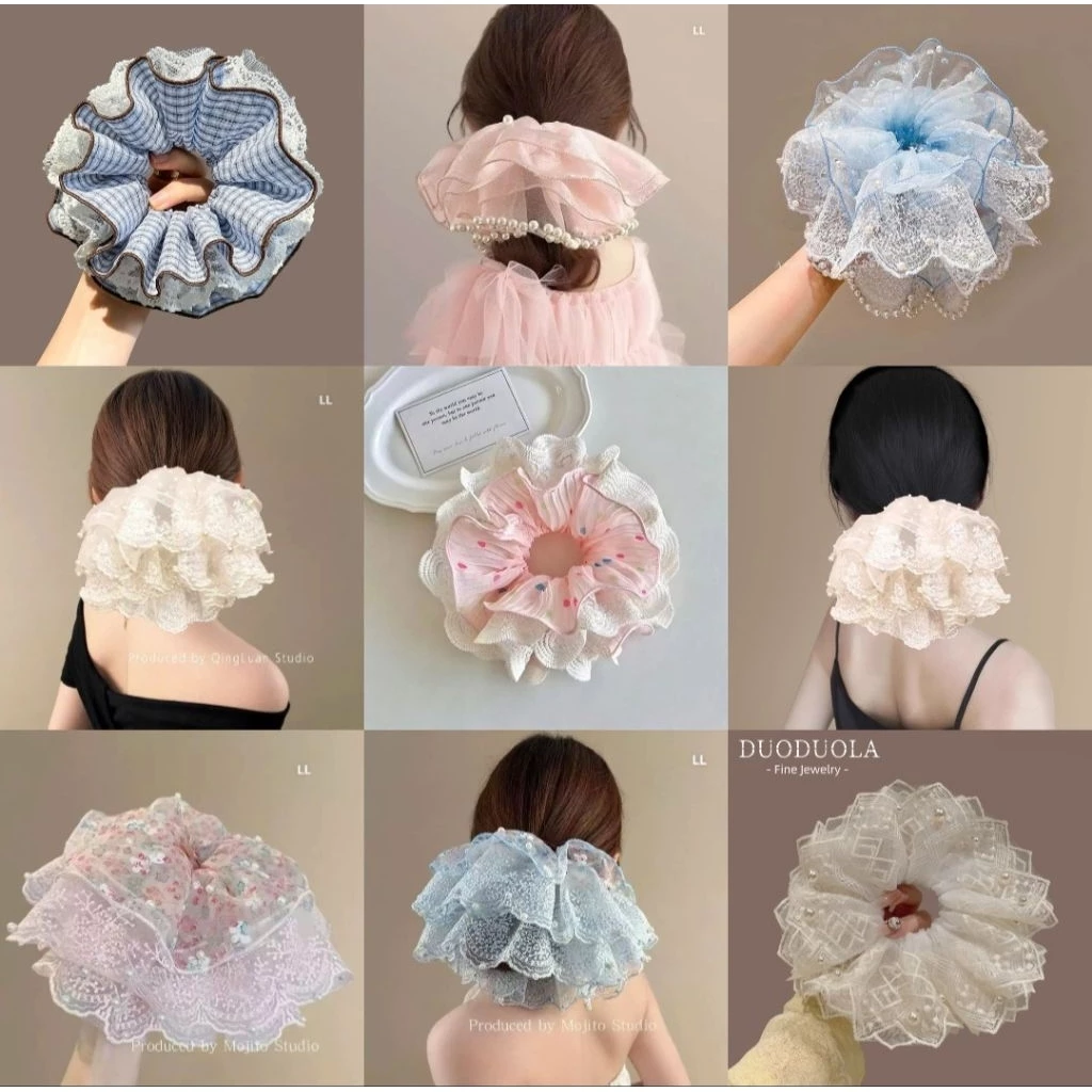 Scrunchies phong cách hàn quốc. Dây buộc tóc phối ren cao cấp
