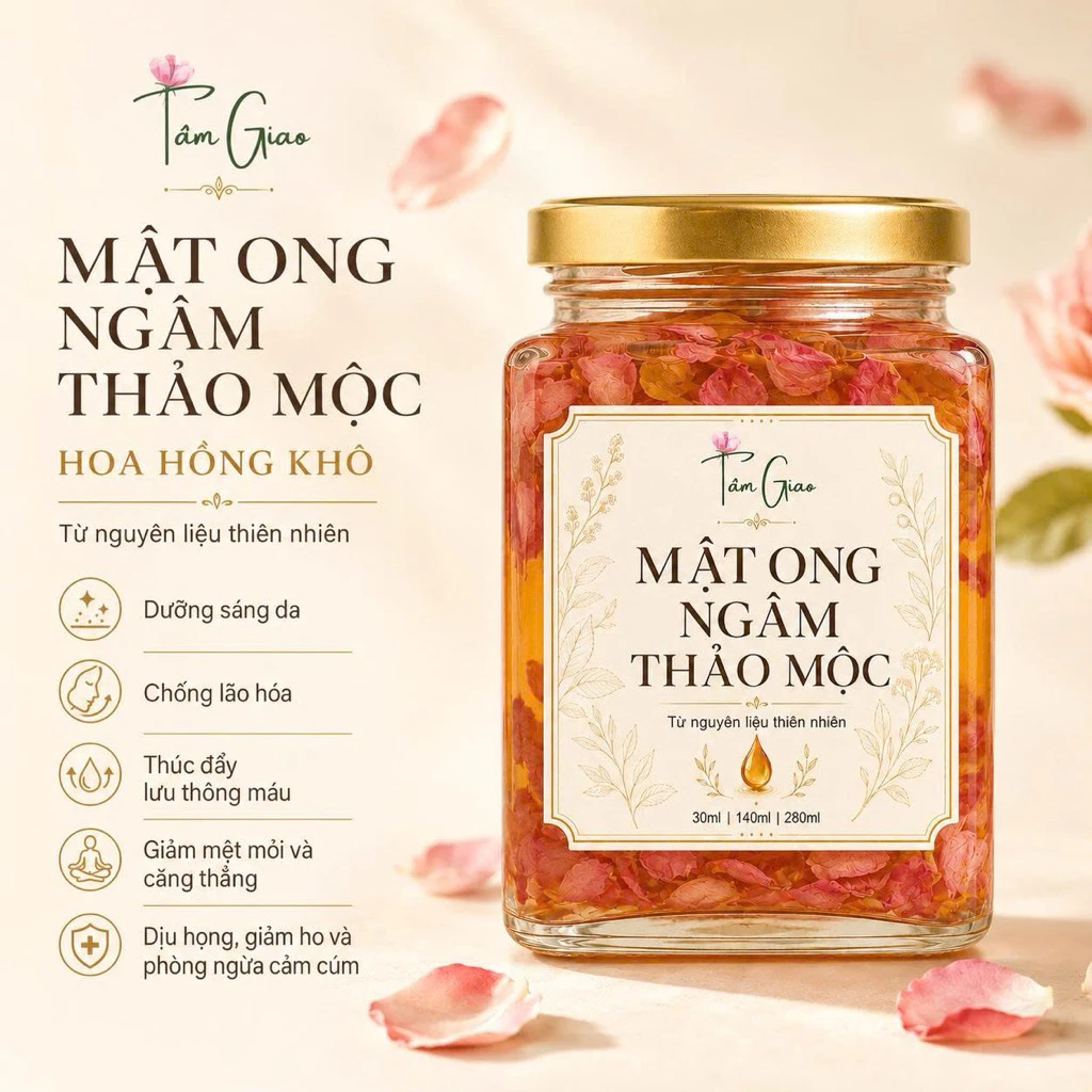 Mật Ong Ngâm Cánh Hoa Hồng làm Sáng Da, Giảm Stress, Kháng Khuẩn Hũ lớn giá ưu đãi