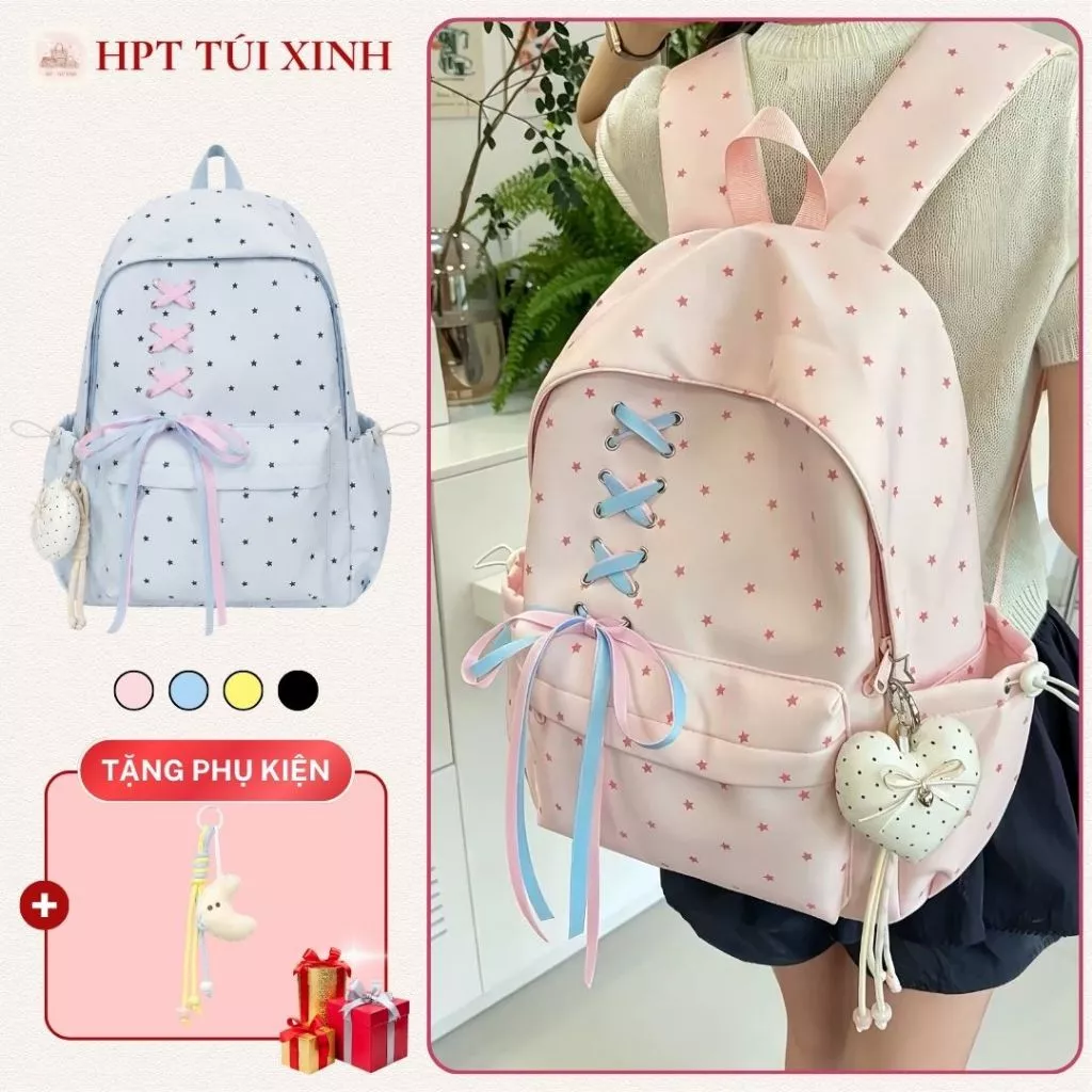 𝐂𝐓𝟎𝟐𝟒 Balo nữ ba lô màu pastel chấm bi phối dây buộc nơ màu sắc siêu xinh, cặp sách đi học đi chơi vải đũi thô a4 laptop