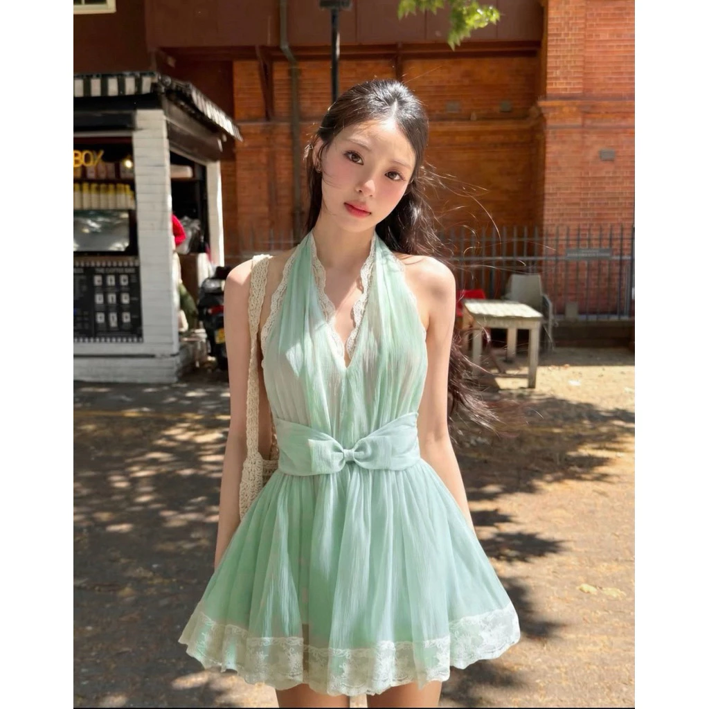 684 - Dalina Dress Đầm Yếm Nơ Eo Tơ Phối Ren Cao Cấp