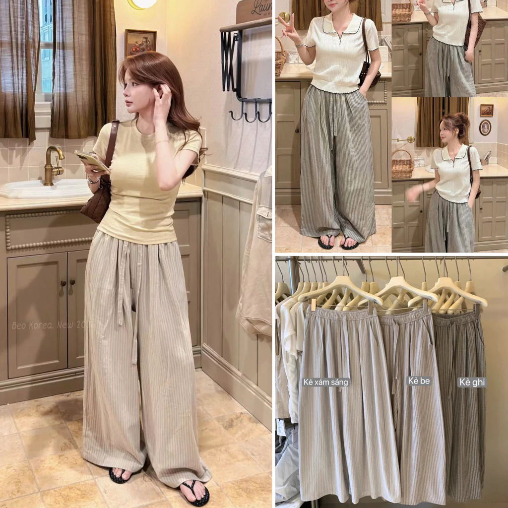 [HÀNG QC sẵn ship] Quần dài ống rộng linen mềm kẻ sọc to vintage dễ phối đồ tag Da.J QD 3824