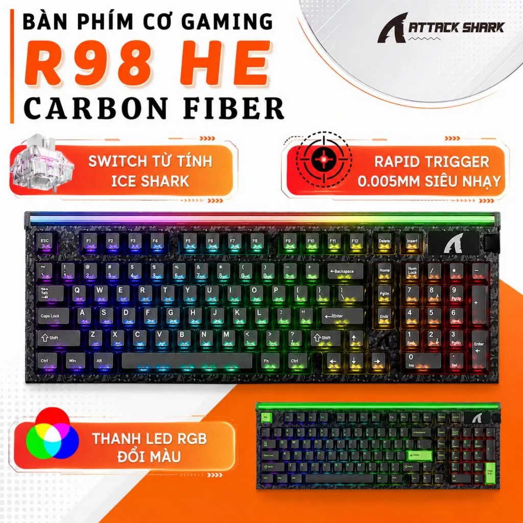 Bàn Phím Cơ Gaming  ATTACK SHARK R98 HE - Rapid Trigger 8KHz Hall Effect Carbon Fiber RGB