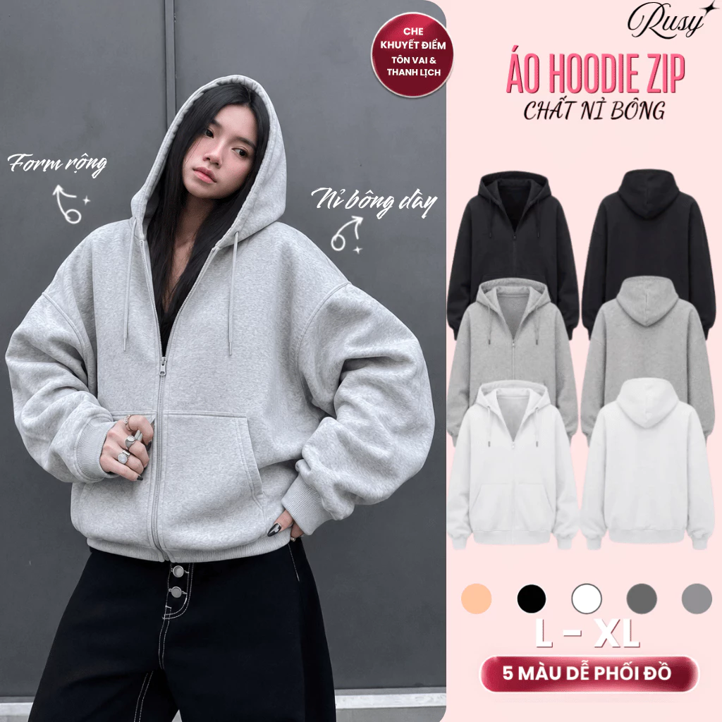 Áo Khoác Hoodie Zip Basic Unisex Chất Nỉ Bông Dày Dặn Dáng Rộng Mặc Thoải Mái Kết Hợp Tay Phồng Nón 2 Lớp AK04 Ru