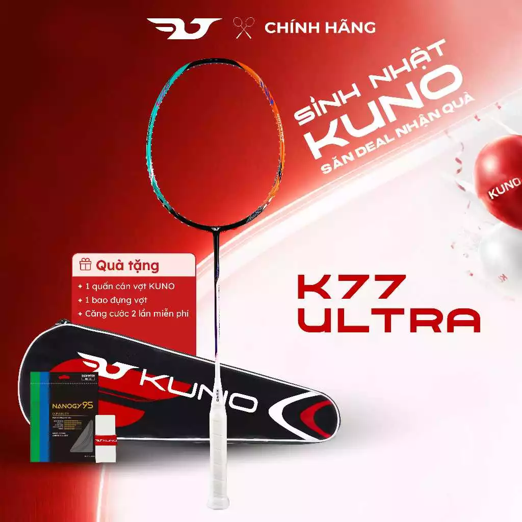 Vợt Cầu Lông KUNO K77 ULTRA Chính Hãng – Thiên Công Tốc Độ, Trợ Lực Tốt, Full Carbon 4U Cao Cấp Được Lựa Chọn Mức Căng