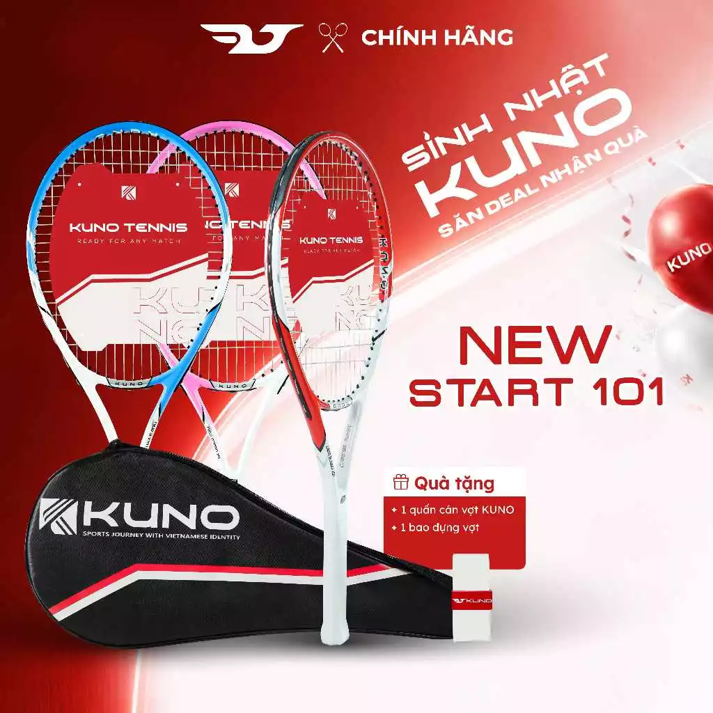 Vợt Tennis KUNO NewStart101 – Chính Hãng, Dành Cho Người Mới Bắt Đầu Đã Căng Sẵn Dây - Tặng Kèm Cuốn Cán, Bao Đựng Vợt