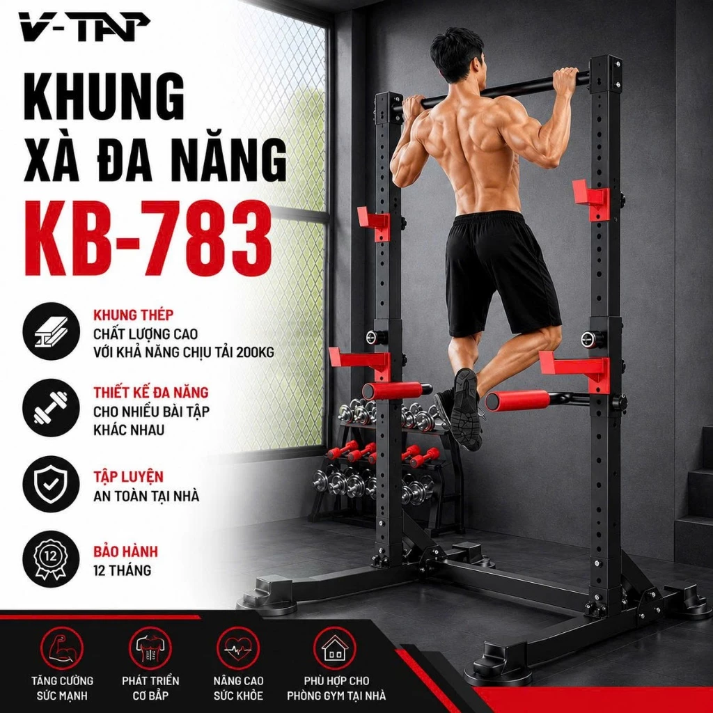 Khung Xà Đa Năng KB-783, Squat Rack, Khung Xà Đơn Cao 2.26m Ống Thép Hộp 1.6mm Chịu Tải 200kg