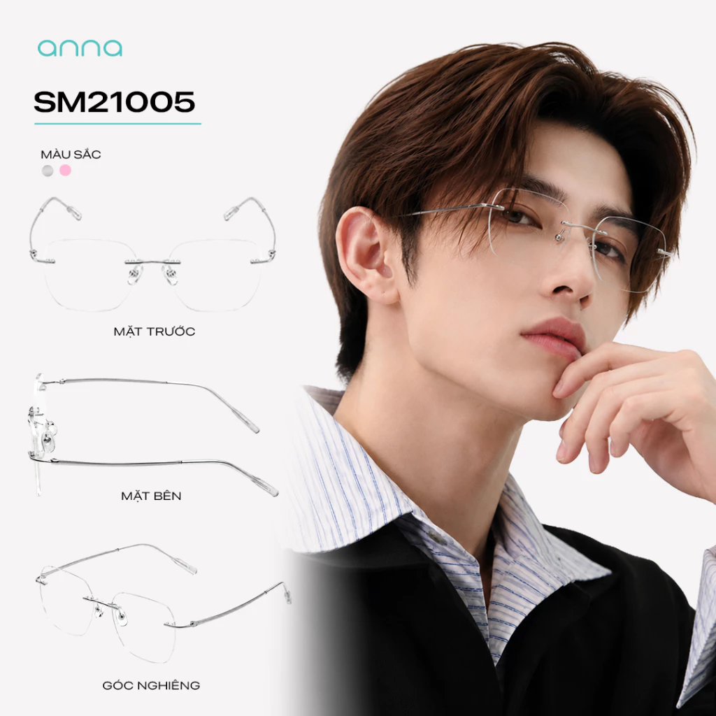 [TẶNG HỘP DA] Gọng kính mắt không viền ANNA nam nữ dáng vuông mỏng nhẹ sang trọng SM21005
