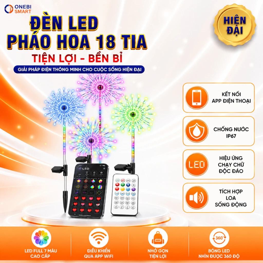 Đèn LED Pháo Hoa Ngoài Trời 2026 - 32 Tia Cao 5M - Full Màu Chạy Chữ - Điều Khiển App WiFi & Có Loa Phát Nhạc