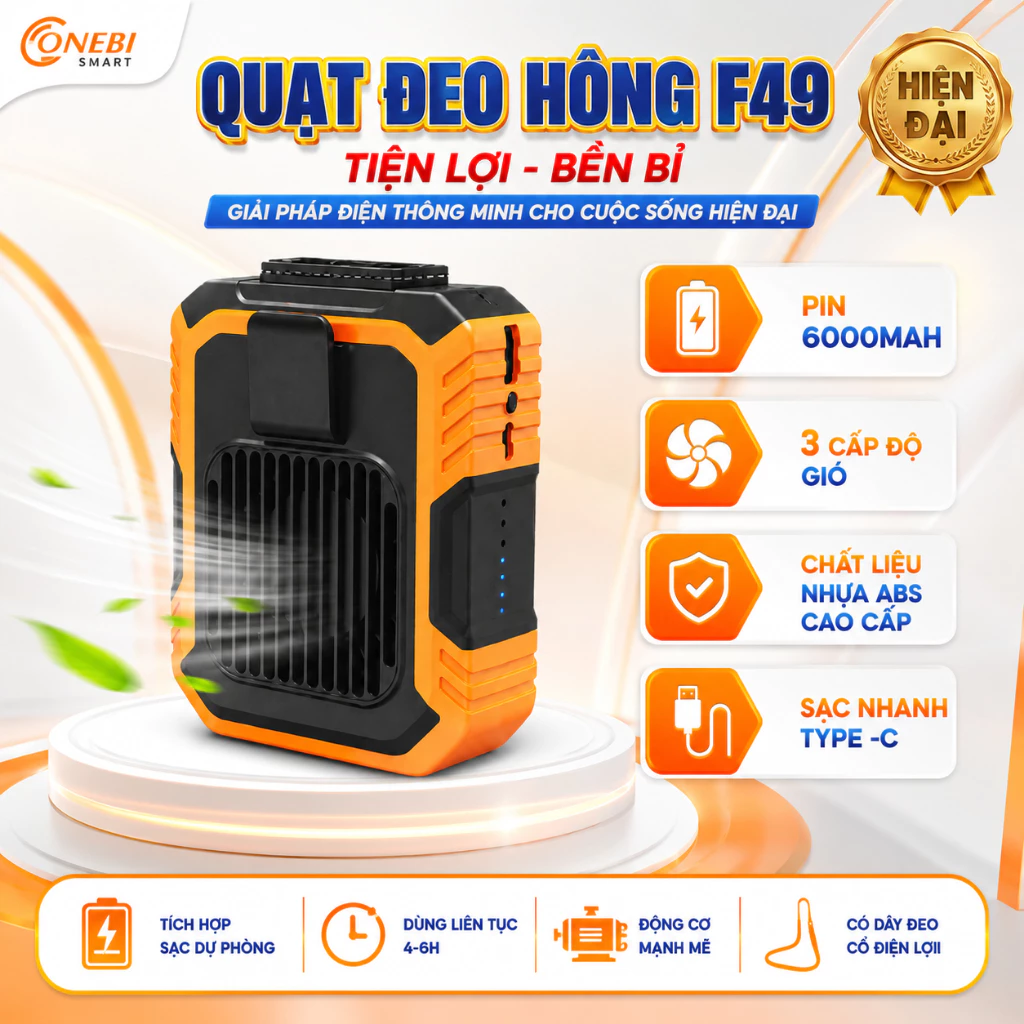 Quạt Đeo Hông Kiêm Sạc Dự Phòng 6000mAh, Quạt Điều Hòa Cài Hông, Thắt Lưng Chạy Liên Tục 4-6 Giờ