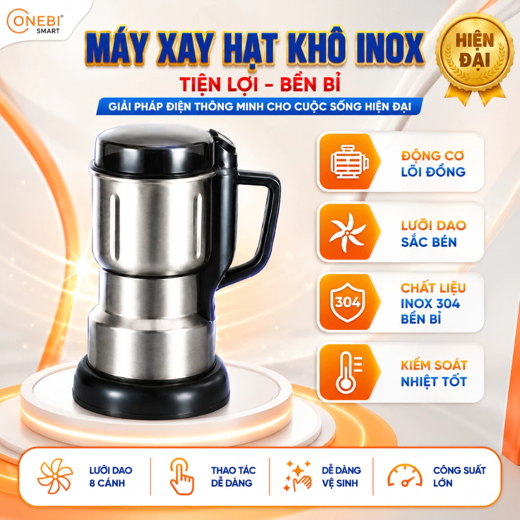 Máy Xay Hạt Khô Siêu Mịn Onebi 8 Lưỡi Dao Công Suất 300W Chất Liệu Inox 304 Cao Cấp Nghiền Đồ Khô Cà Phê Bột Ngũ Cốc