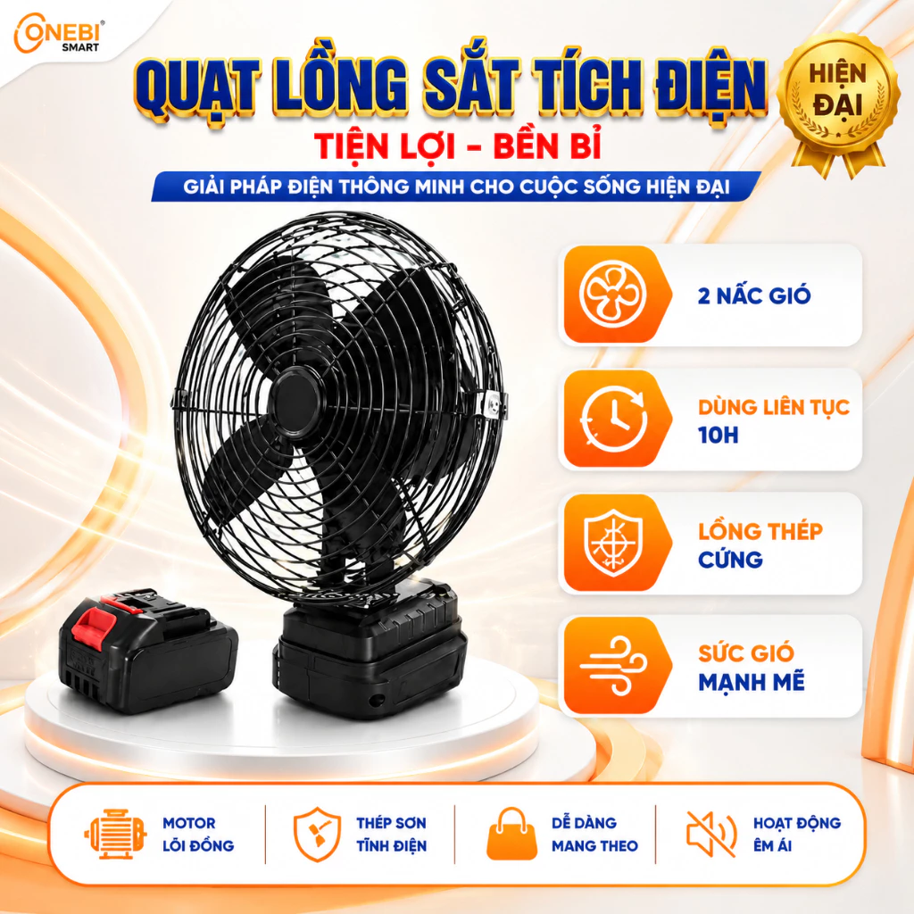 Quạt Tích Điện Lồng Sắt Đế Pin 21V Phổ Thông Kích Thước 8 Inch Dùng Liên tục 8 Tiếng, 2 Cấp Độ Gió Siêu Mát