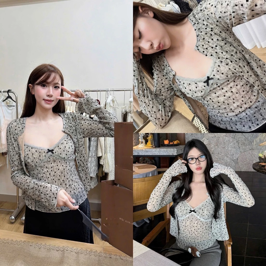(Set 2 Món): Sét Cardigan In Tim Thun Giấy Dài Tay Mix Áo 2 Dây Đính Nơ Viền Ren Chất Mềm Mại-Ảnh Thật Lollaye