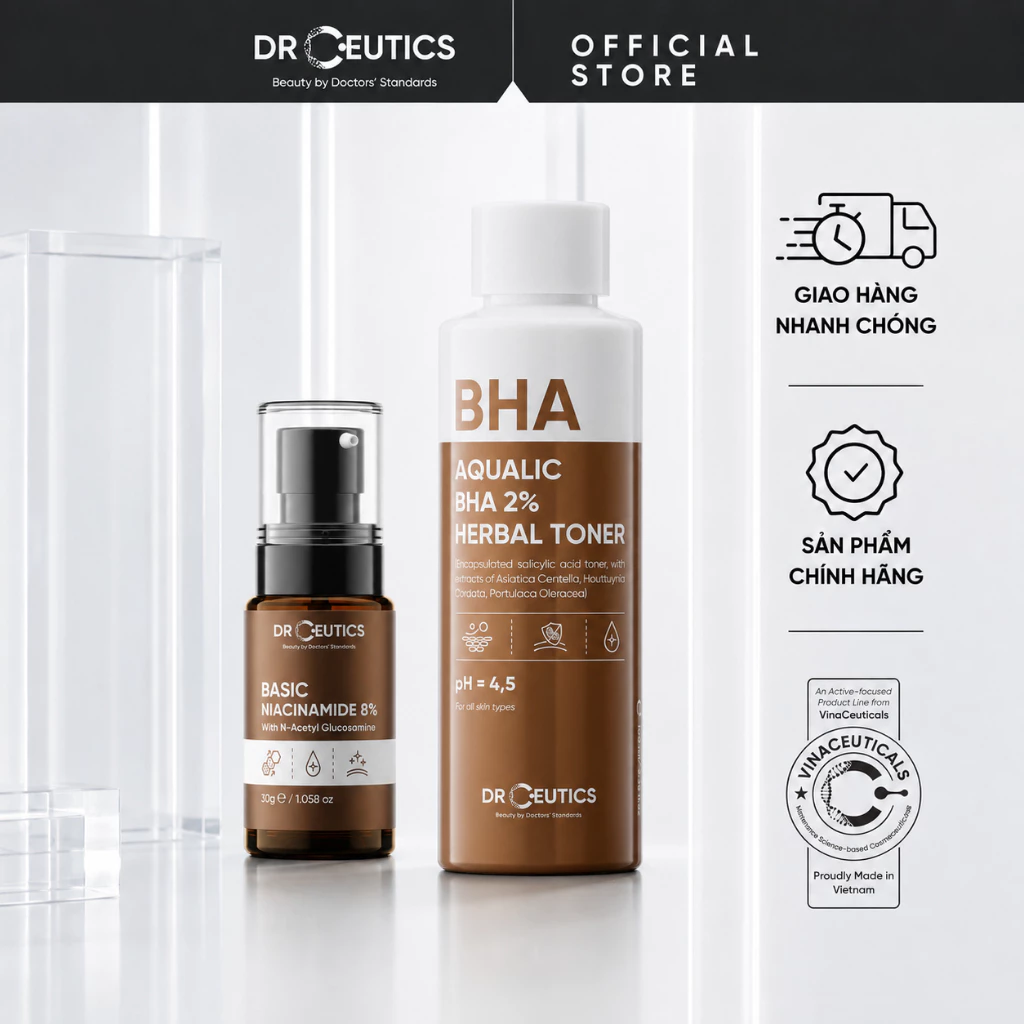 DRCEUTICS Chu Trình Dưỡng Da Dịu Nhẹ, Kiểm Soát Dầu Thừa Aqualic BHA 2% Herbal Toner 100ml + Basic B3 8% 30g