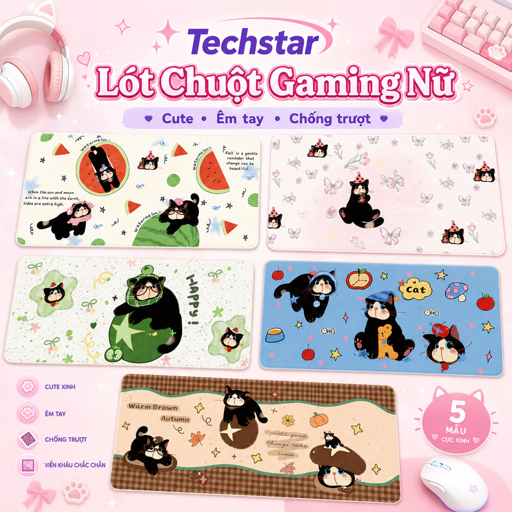Lót Chuột Gaming Techstar Hình Mèo Cute Cỡ Lớn, Mouse Pad Trải Bàn Êm Tay Chống Trượt Viền May