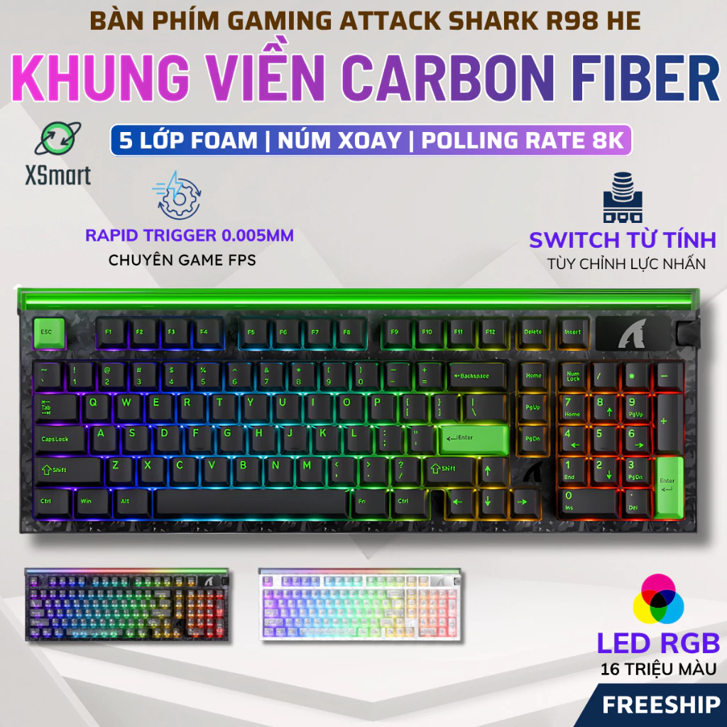 Bàn Phím Gaming Attack Shark R98 HE Khung Viền Carbon Fiber, Magnetic Switch, Rapid Trigger 0.005mm