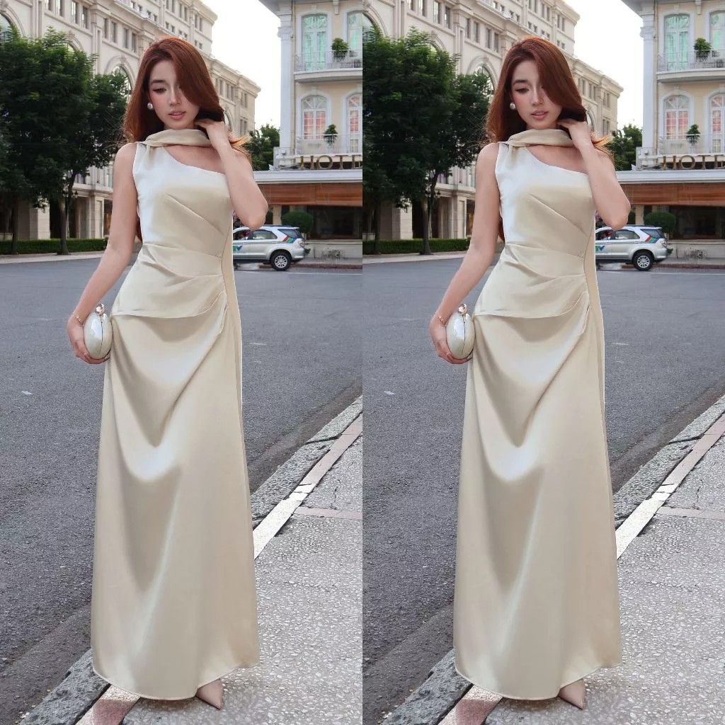 Đầm Lụa Dự Tiệc Dáng Dài Sang Chảnh NV653 Váy Lụa Dự Tiệc Cưới Tà Chéo Cổ Sang Trọng Nữ Women Dress