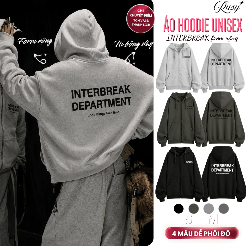 Áo Khoác Nỉ Hoodie Zip INTERBREAK DEPARTMENT Unisex Form Rộng Dây Kéo Chất Nỉ Bông Dày Dặn Nón 2 Lớp Rusy
