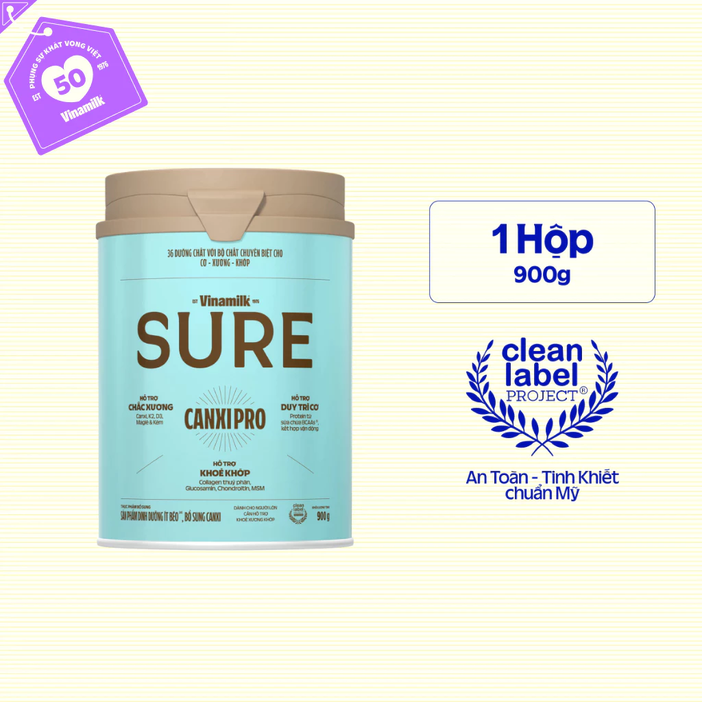 Sữa bột Vinamilk Sure CanxiPro 900g (Hộp thiếc) - Sữa bổ sung Canxi cho người già cao tuổi, Tốt cho xương khớp