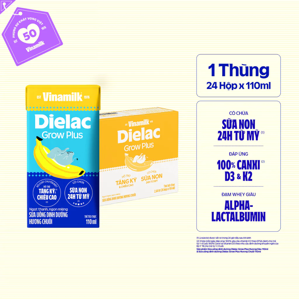 Thùng 24 hộp Sữa Uống Dinh Dưỡng Vinamilk Dielac Grow Plus Hương Chuối 110ml
