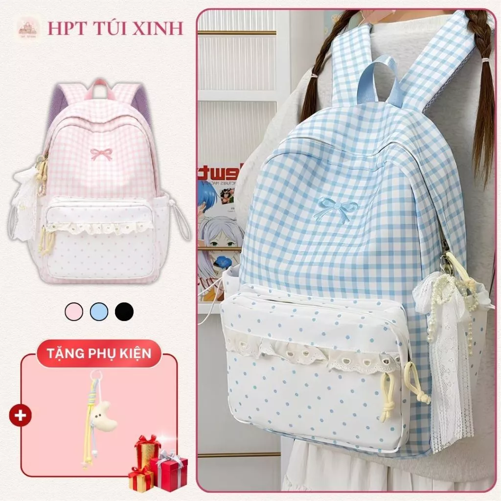 𝐂𝐓𝟎𝟐𝟔 - Balo nữ ba lô kẻ caro phối chấm bi đính nơ tặng kèm hai charm siêu xinh, cặp sách nữ pastel đi học đi chơi a4