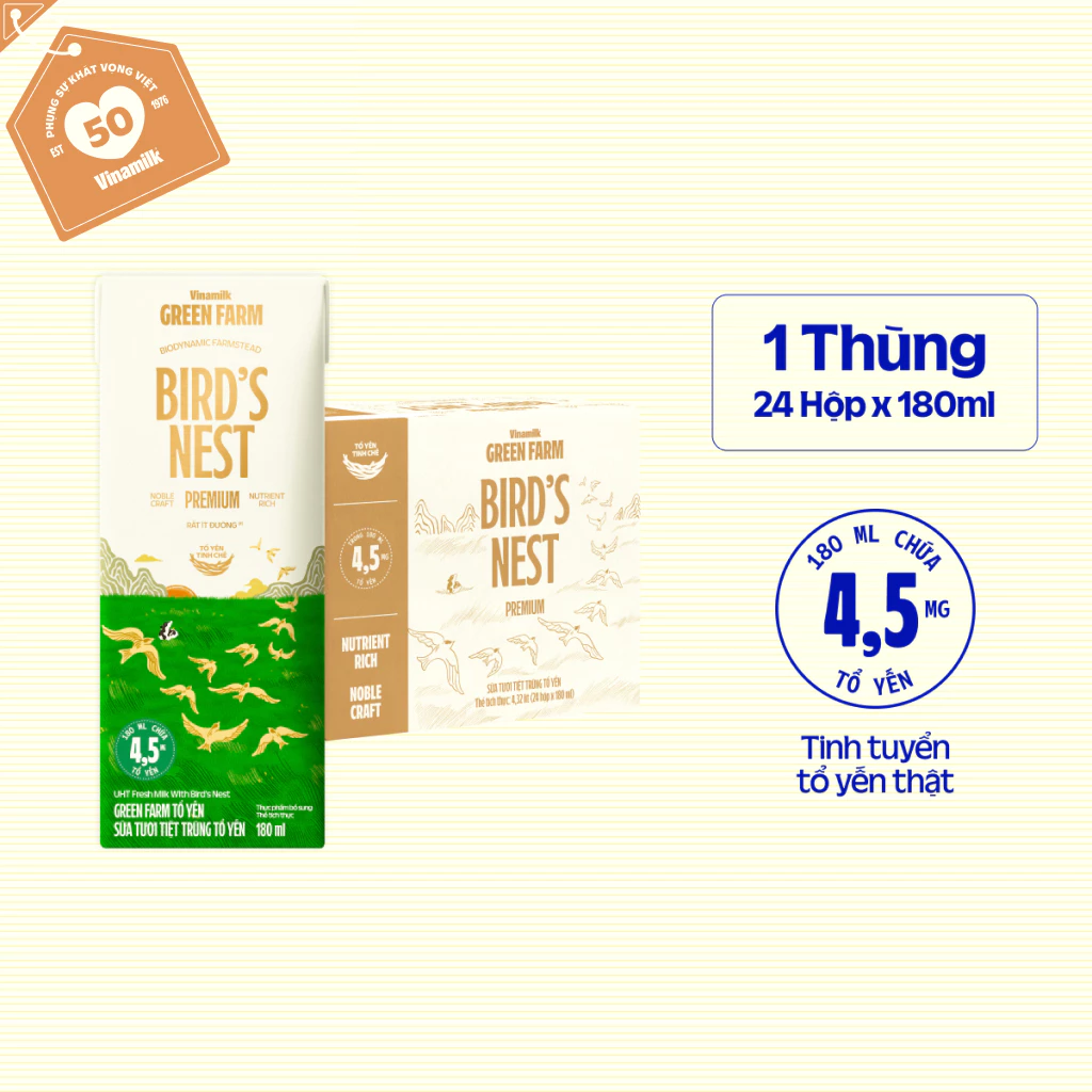 Thùng 24 hộp Sữa tươi tiệt trùng chứa tổ yến Vinamilk Green farm - hộp 180ml