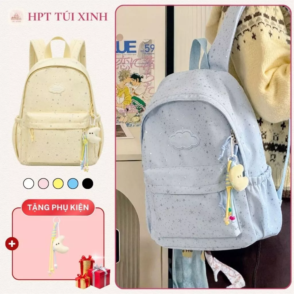 𝐂𝐓𝟎𝟐𝟏 - Balo nữ ba lô màu pastel dập sao lấp lánh tặng kèm charm, cặp sách nữ đi học đi chơi vải dù chống nước a4 laptop
